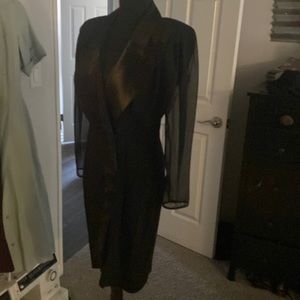 Black Tuxedo dress 1980s sheer sleeves  nipped waist